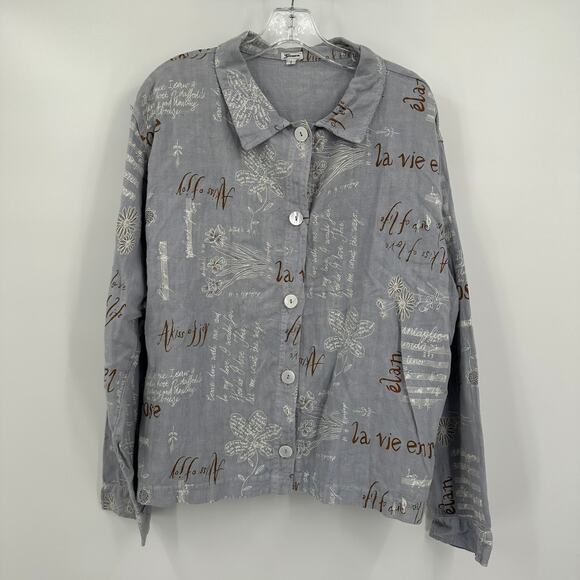 Sasson Womens Linen Button Up Top Size L Blue Garden Party Art To Wear Mariellas - Picture 1 of 7